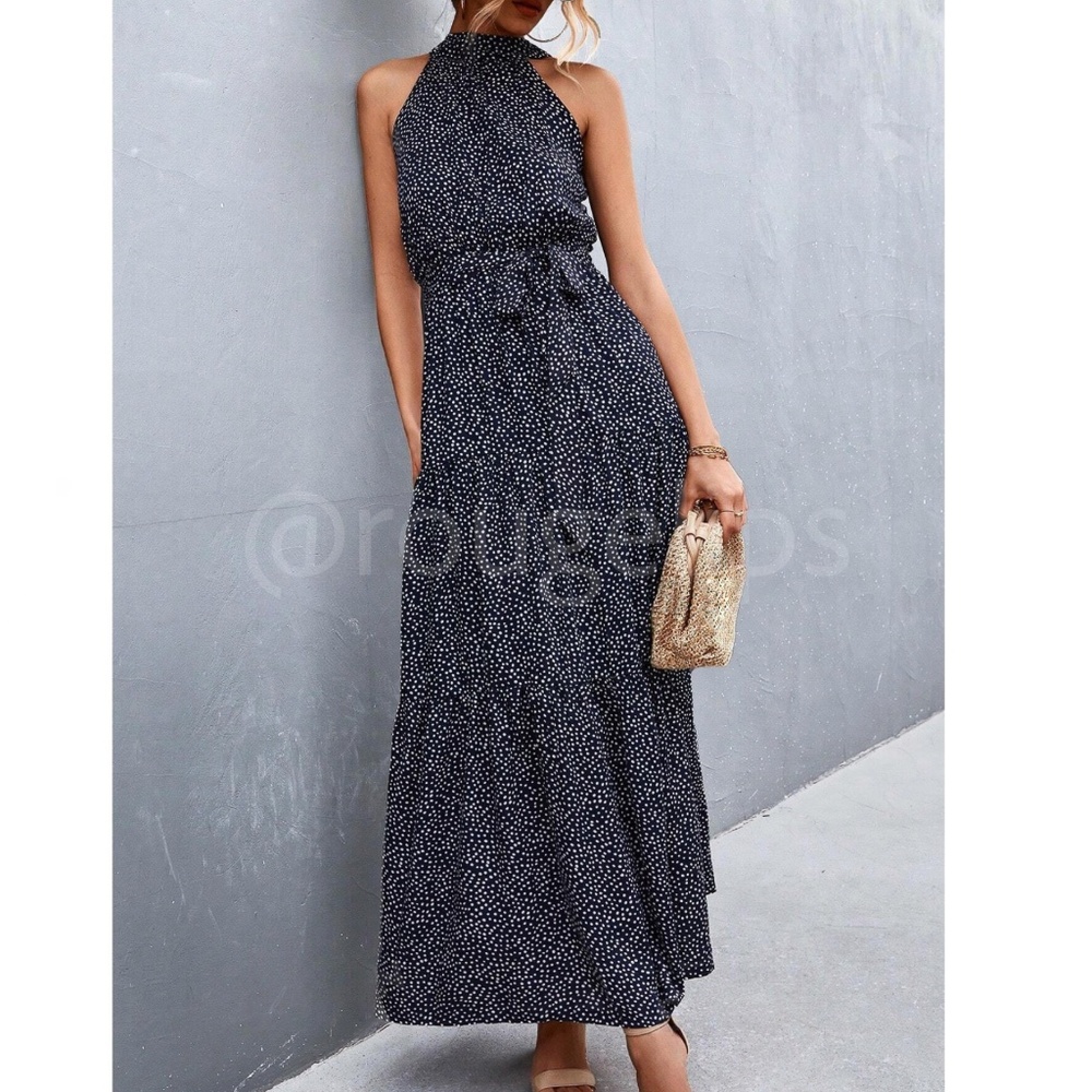 Navy Blue Polka Dot Halter Maxi Dress Tie Belt Long Flared High Neck Sleeveless - Picture 6 of 10